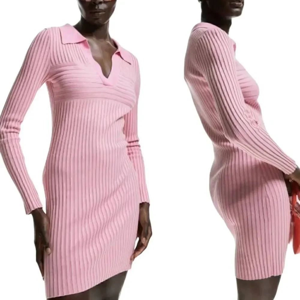 H&M Pink Rib-knit Dress with Collar Long Sleeves Size Medium